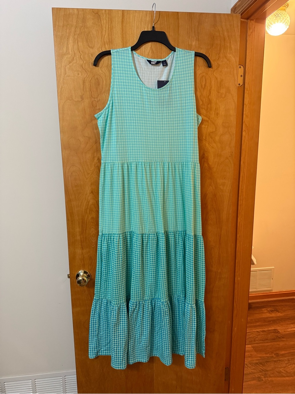 Lands’ End Women's Sleeveless Tiered Maxi Dress Blue Green Check NWT Large 14-16